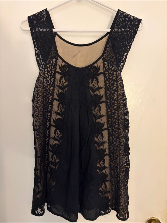 Tops - Black Lace Overlay Sleeveless Tunic with Nude Lining